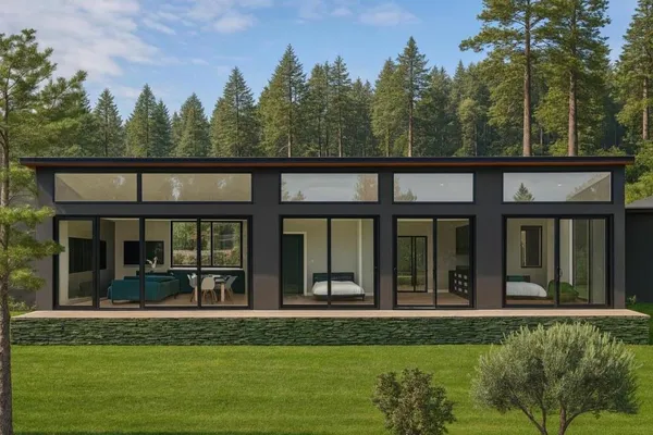 a view of a house with backyard and garden