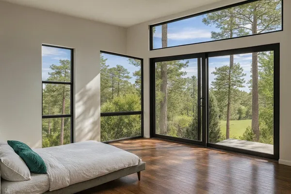a bedroom with a large window and a bed