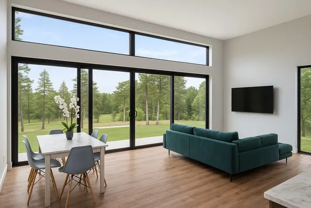 a living room with fireplace furniture and a large window