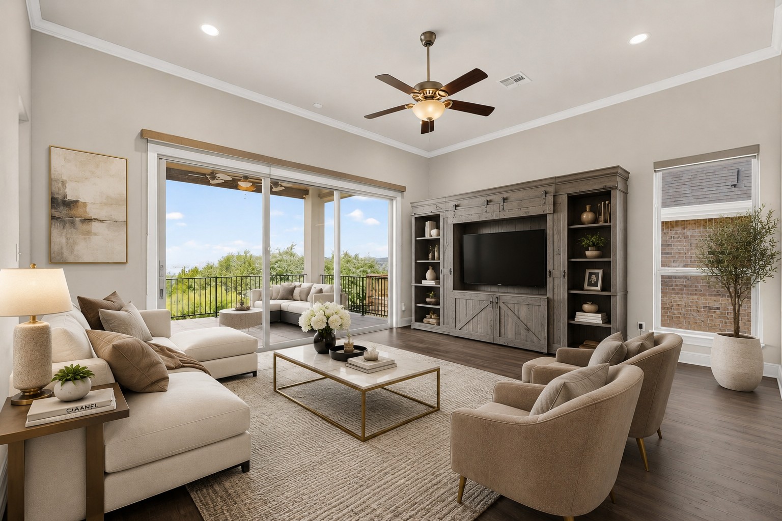 2617 Milan Meadows Drive Leander, TX 78641 - Photo 2 of 40 Natural light floods this living area, offering seamless indoor-outdoor living with a spacious balcony overlooking scenic views.