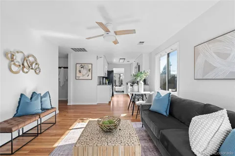 a living room with furniture and a wooden floor