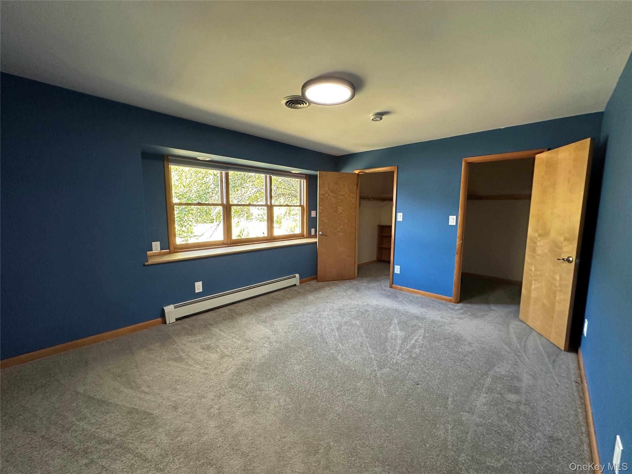 250 Rockland Road Roscoe, NY 12776 - Photo 22 of 32 Unfurnished bedroom featuring a baseboard heating unit, carpet flooring, a walk in closet, and two closets
