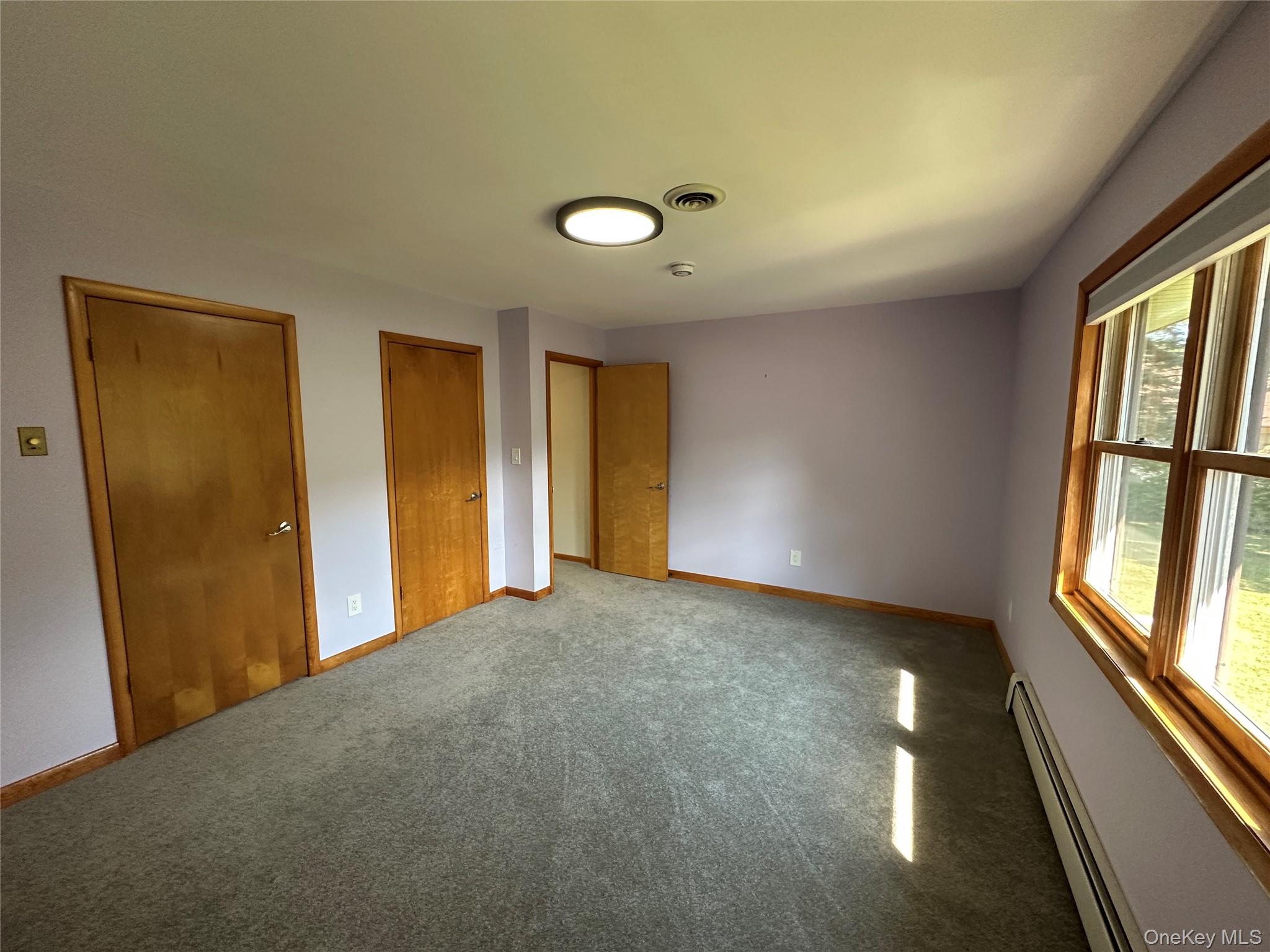 250 Rockland Road Roscoe, NY 12776 - Photo 27 of 32 Unfurnished bedroom with a baseboard radiator, two closets, and carpet floors