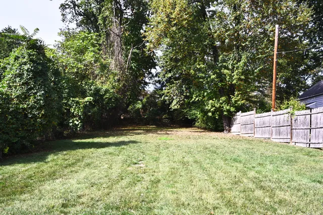 a backyard of a house with lots of plants and tree