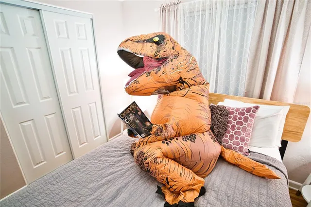 a bedroom with a bed and a window