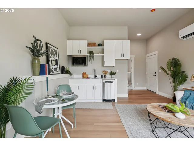 a living room with kitchen furniture and a kitchen view