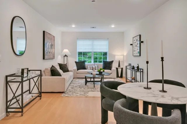 a living room with furniture a large window and a potted plant