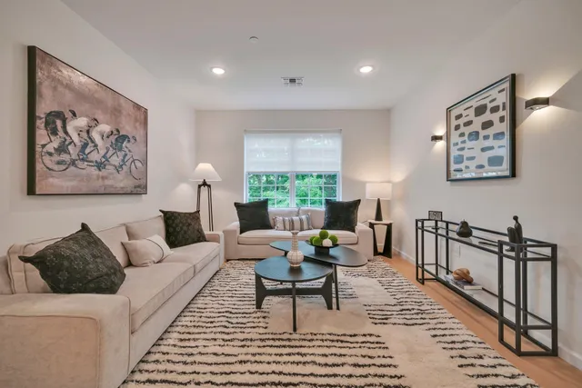a living room with furniture and a rug