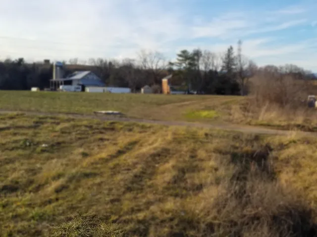 a view of a town with mountains in the background