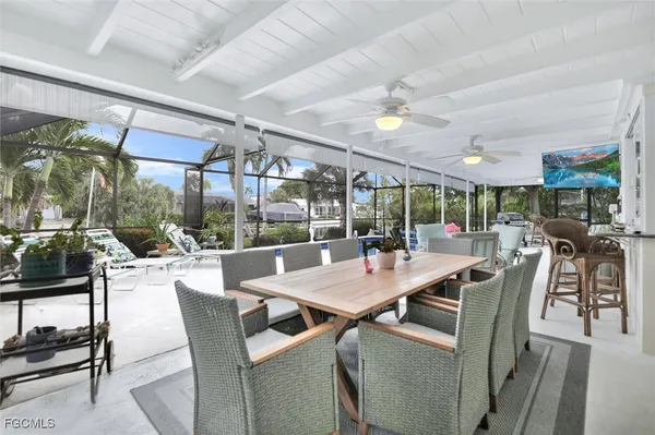 a view of a dining room with furniture window and outside view