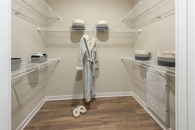 a view of a room with racks on the wall