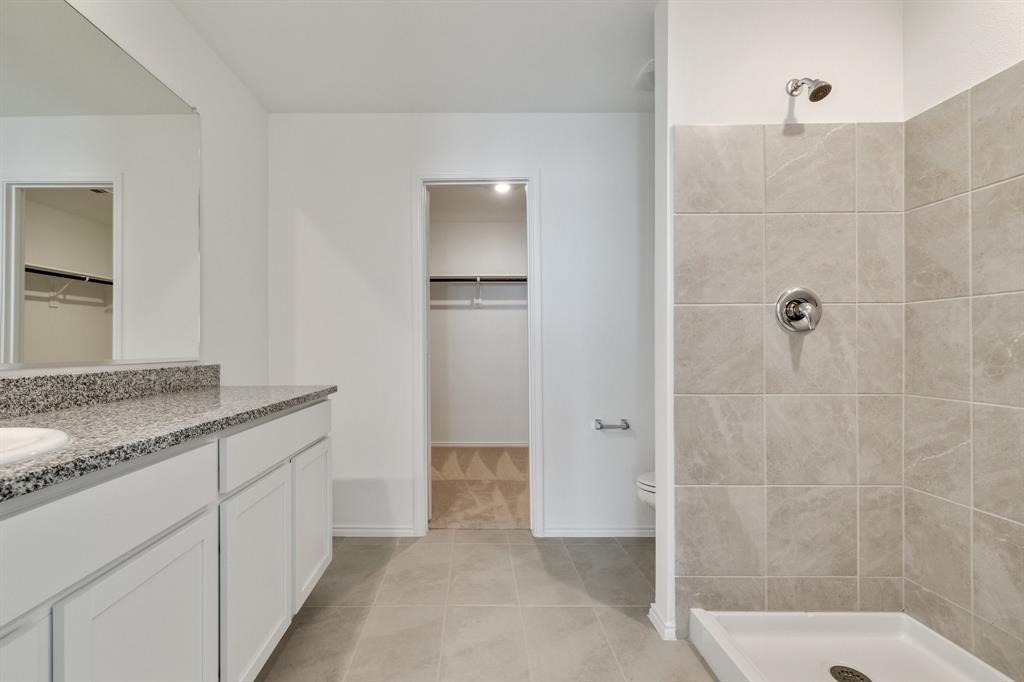2809 Ozark Circle Little Elm, TX 75068 - Photo 22 of 28 a bathroom with a granite countertop sink a mirror and a bathtub