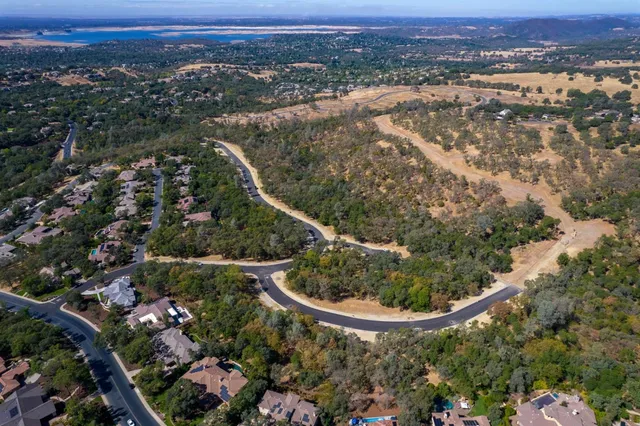 an aerial view of residential houses with outdoor space and trees