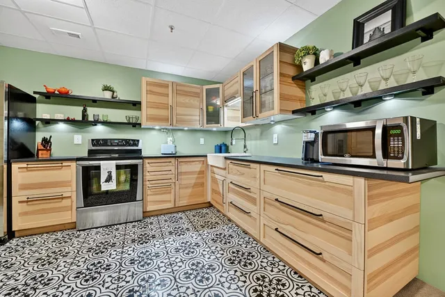 a view of a porch with wooden floor