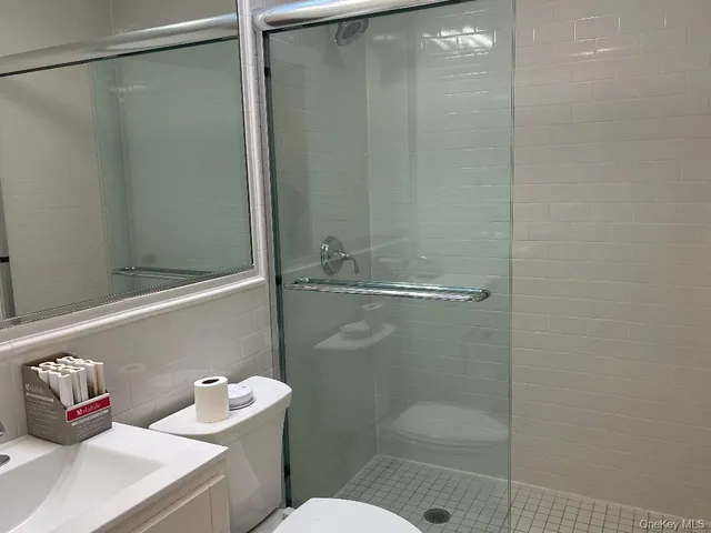 a bathroom with a shower and a sink