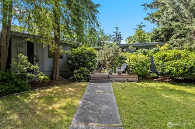 a view of swimming pool with lawn chairs and plants
