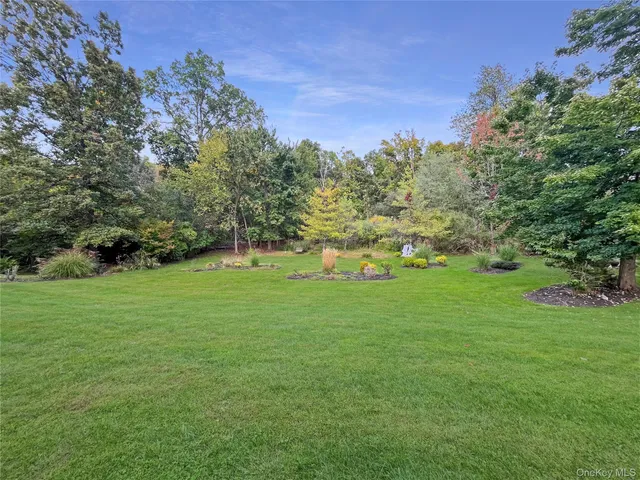 a view of a green field with trees in the background