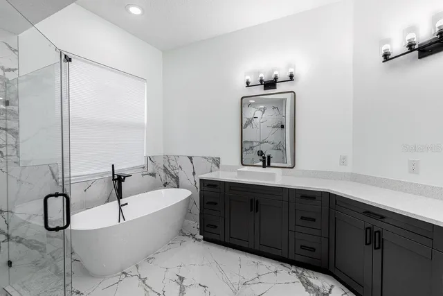 a bathroom with a bathtub shower sink vanity and mirror