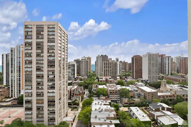 a city view with tall buildings