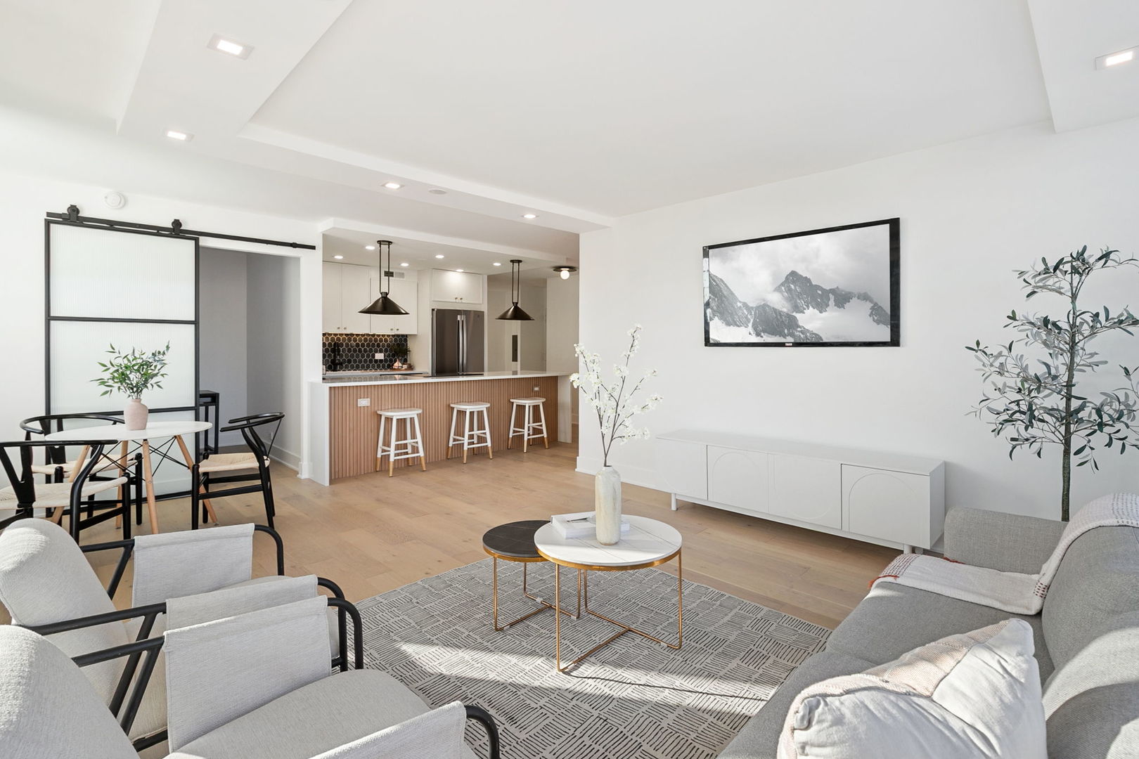 1460 North Sandburg Terrace, Unit 2001A Chicago, IL 60610 - Photo 5 of 39 a living room with furniture and kitchen view