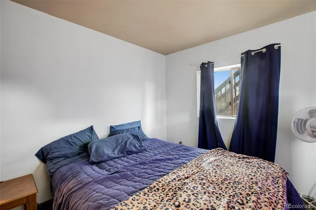 a bedroom with a bed closet and a mirror