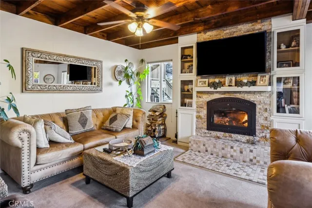 a living room with furniture a flat screen tv and a fireplace