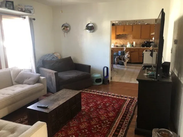 a living room with furniture rug and lamp