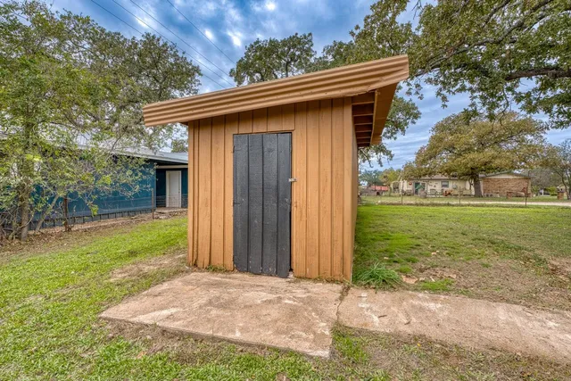 a garden view with a seating space