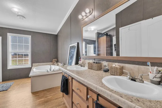 a bathroom with a granite countertop sink a large mirror and a bathtub