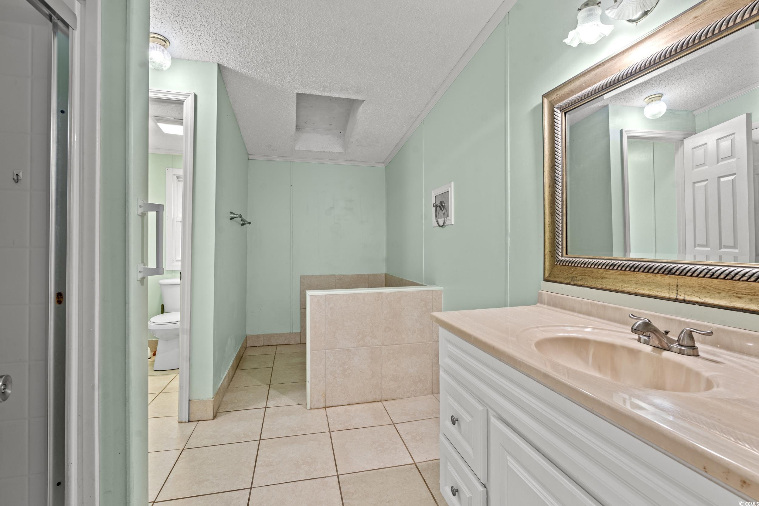 516 Grapevine Street Myrtle Beach, SC 29579 - Photo 14 of 33 Bathroom with a textured ceiling, vanity, toilet,