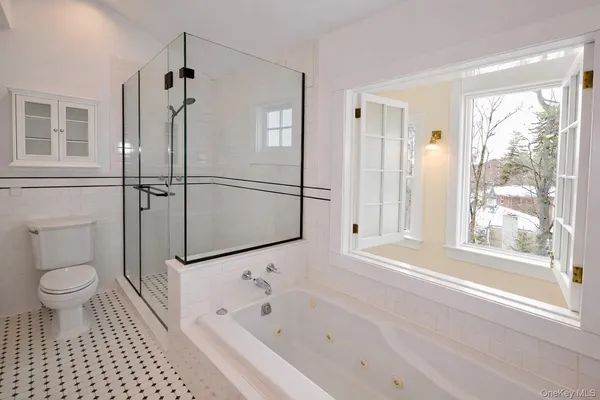a bathroom with a bathtub toilet and a shower