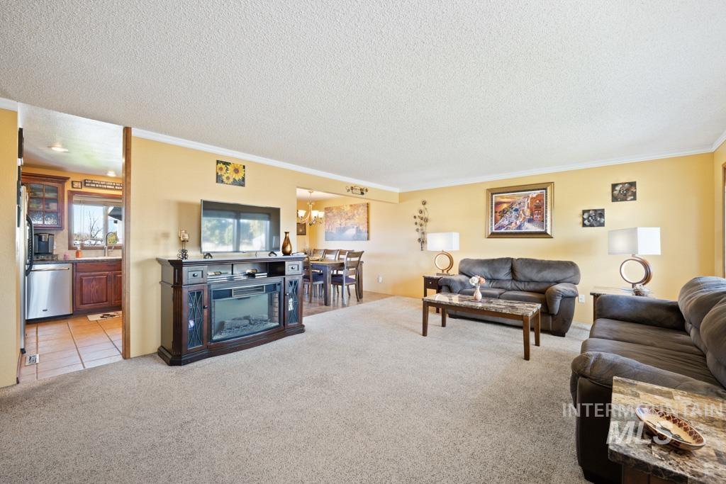 3828 15th Street Lewiston, ID 83501 - Photo 5 of 34 Living room with light colored carpet, ornamental molding, a textured ceiling, and a chandelier