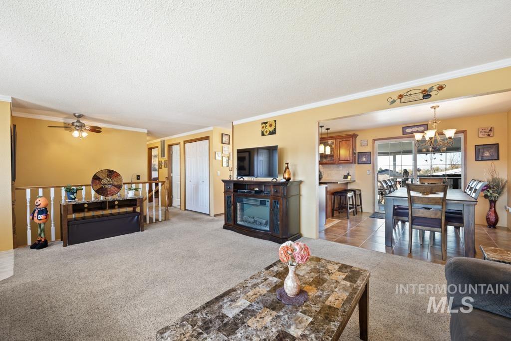 3828 15th Street Lewiston, ID 83501 - Photo 6 of 34 Living room with light colored carpet, crown molding, a textured ceiling, a chandelier, and light tile patterned floors