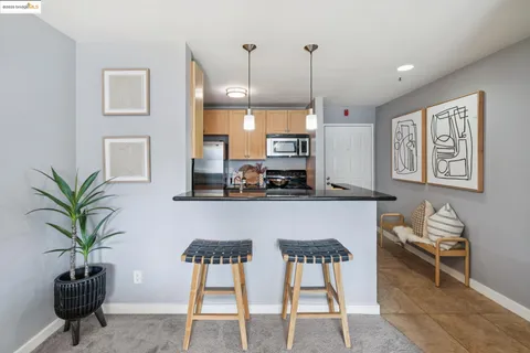 a living room with furniture a potted plant and kitchen view