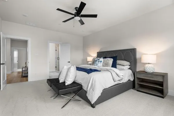 a bedroom with a bed a furniture and a ceiling fan