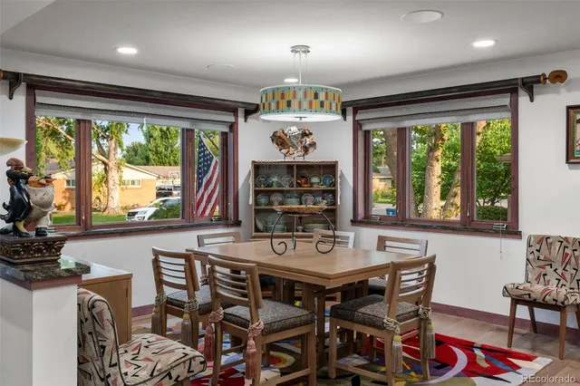 a view of a dining room with furniture window and outside view