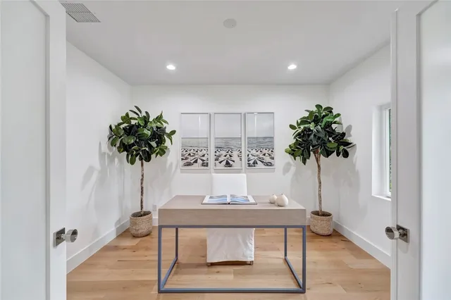 a view of a room with a potted plant and wooden floor