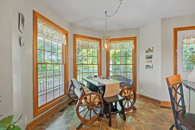 a view of a dining room with furniture window and outside view