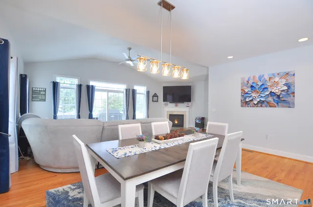 a view of a dining room with furniture