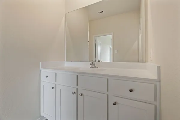 a bathroom with a sink vanity and mirror