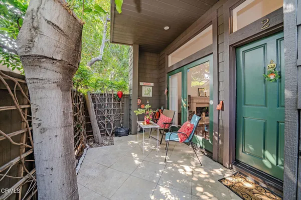 an outdoor space with seating