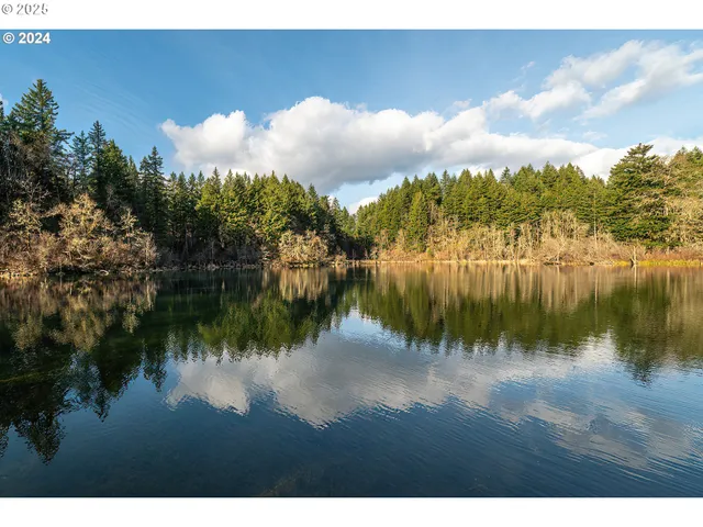 a view of a lake with green space