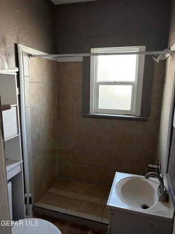 a bathroom with a sink shower and a mirror