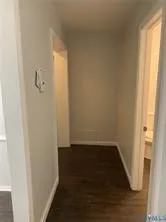 a view of a bathroom with wooden floor