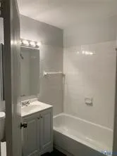 a bathroom with a bathtub and shower