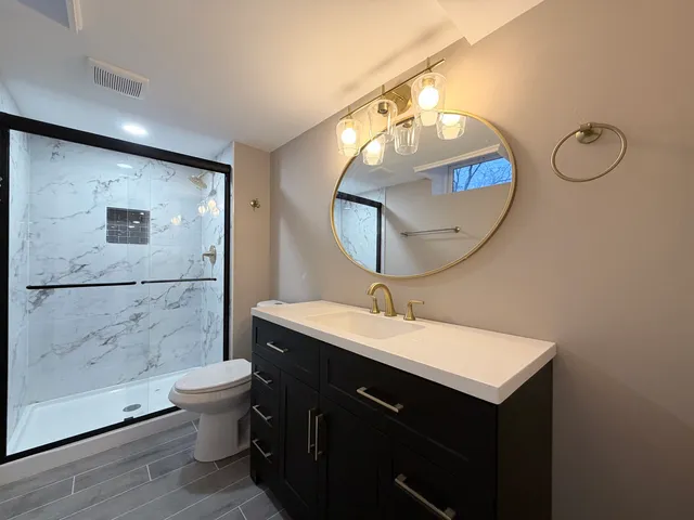 a bathroom with a sink mirror toilet and vanity