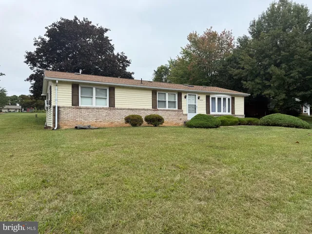 a view of a house with a yard and potted plants