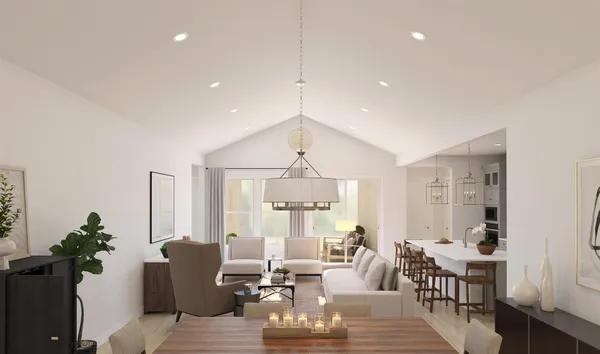a living room with furniture a window and dining table
