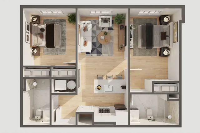 a kitchen with a sink and a stove with wooden floor