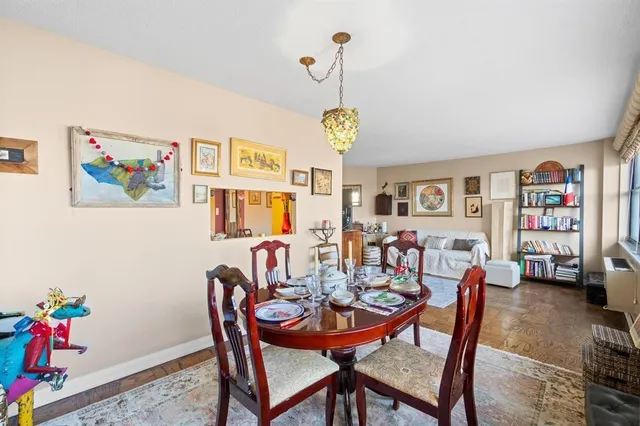 a view of a dining room with furniture